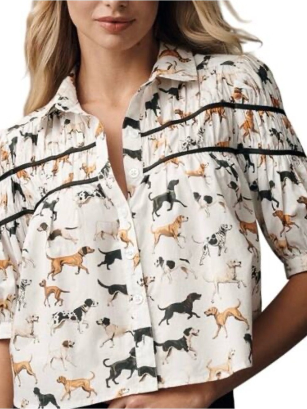 Maeve White Dog Print Button-Front Blouse